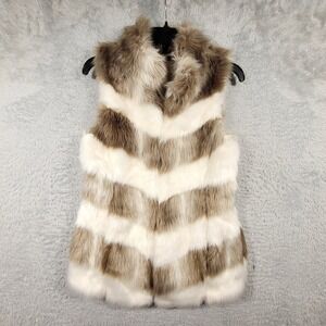 WHBM Vest Women XS Brown White Chevron Faux Fur Lined Sleeveless Pockets